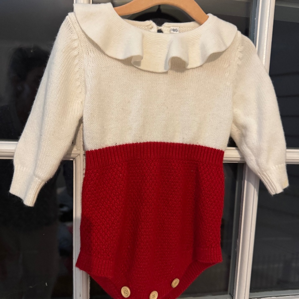 baby knit romper with ruffle collar holiday Christmas